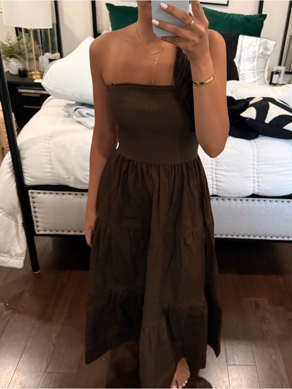 Moon River Strapless Chocolate Brown Tiered Maxi Dress